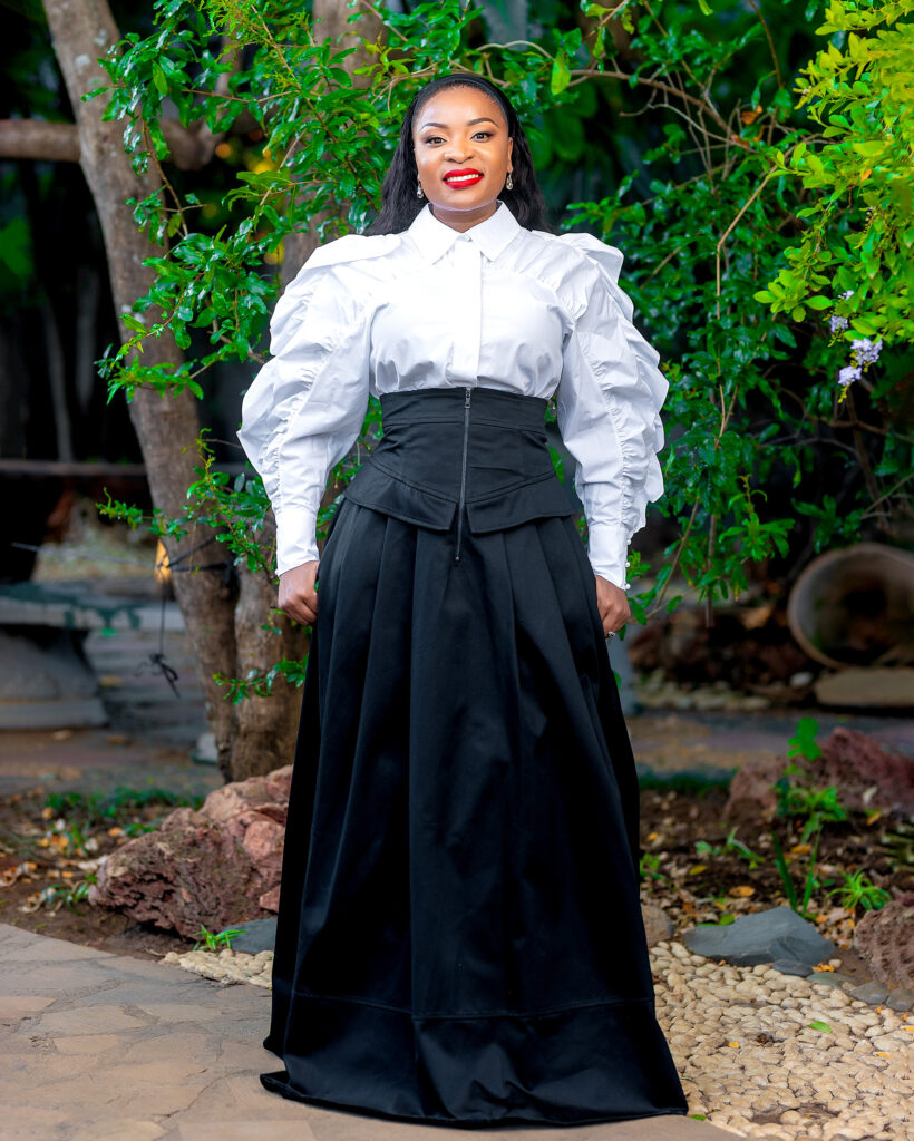 Women’s 2-Piece Set: Puff Sleeve Blouse with Zip Corset Midi Skirt