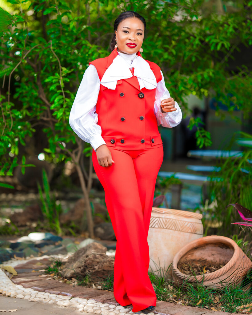 Red Button‑Accent Two‑Piece Vest & White Blouse Set"