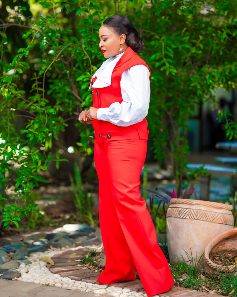 Red Button‑Accent Two‑Piece Vest & White Blouse Set"