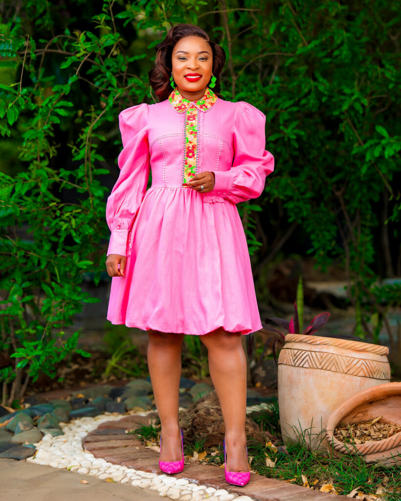 Pink Puff-Sleeve Bow Dress with Floral Collar