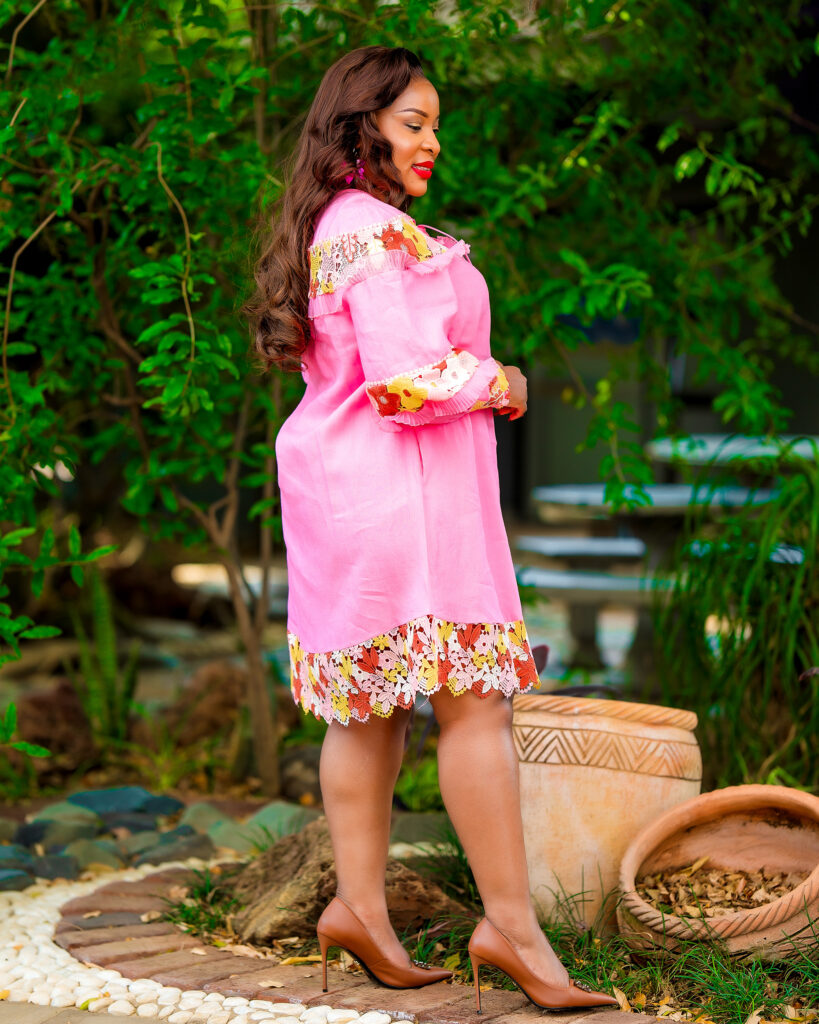 Pink Embroidered Shoulder‑Accent Midi Dress