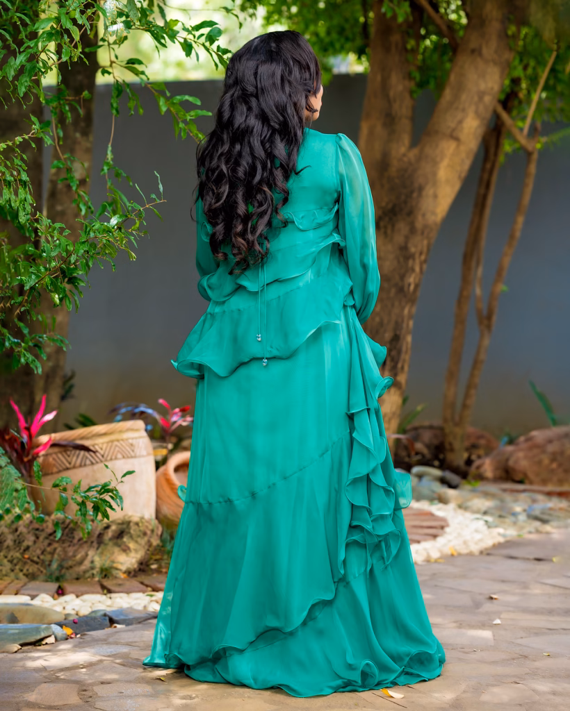 Emerald tiered ruffle chiffon maxi dress